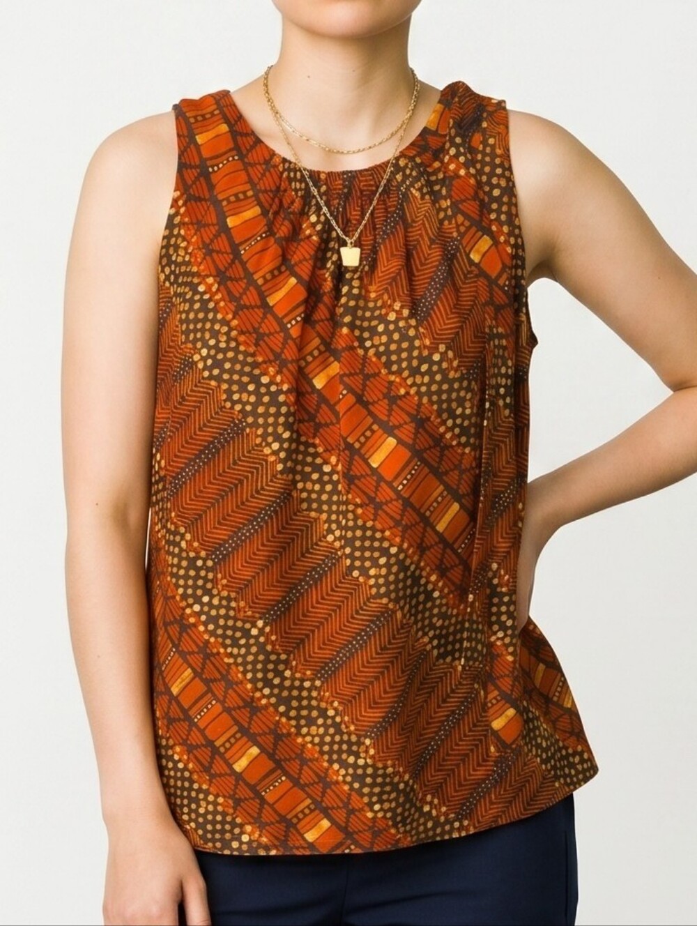 Vince Camuto Orange and Brown Geometric Halter Tank